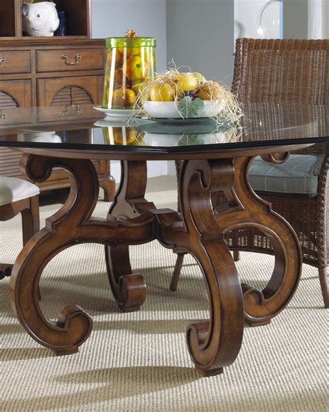 Glass Top Dining Table With Antique Brown Wooden Curved Pedestal Glass Top Dining Table