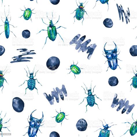 Watercolor Seamless Pattern With Green Beetles Stock Illustration