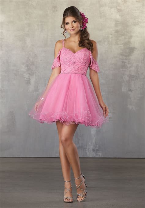 Lace And Tulle Party Dress With Beaded Trim And Cold Shoulder Sleeves Morilee