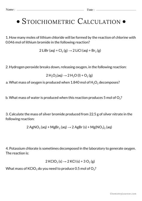 Free Printable Stoichiometry Worksheets