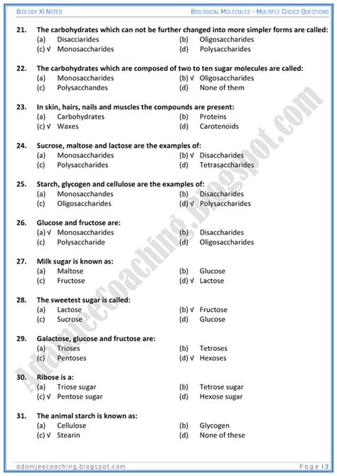 Adamjee Coaching Biological Molecules Mcqs Biology Th