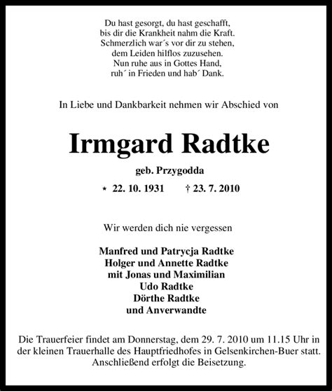 Traueranzeigen Von Irmgard Radtke Trauer In NRW De