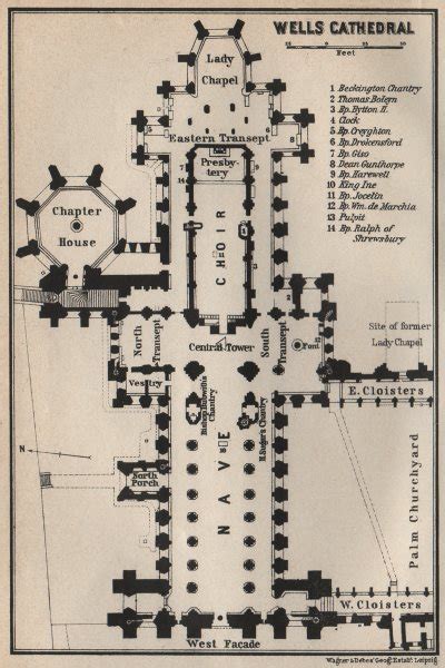 Wells Cathedral Floor Plan Somerset Baedeker Old Vintage Map Chart