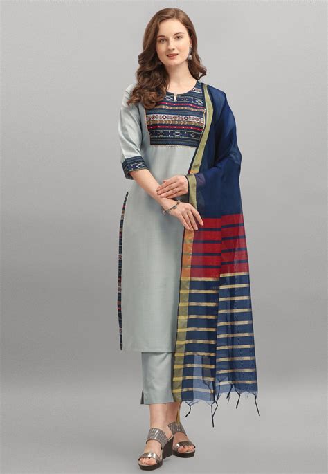 Grey Cotton Readymade Pant Style Suit