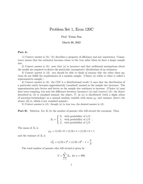 Problem Set Sol Problem Set Econ C Prof Yixiao Sun March