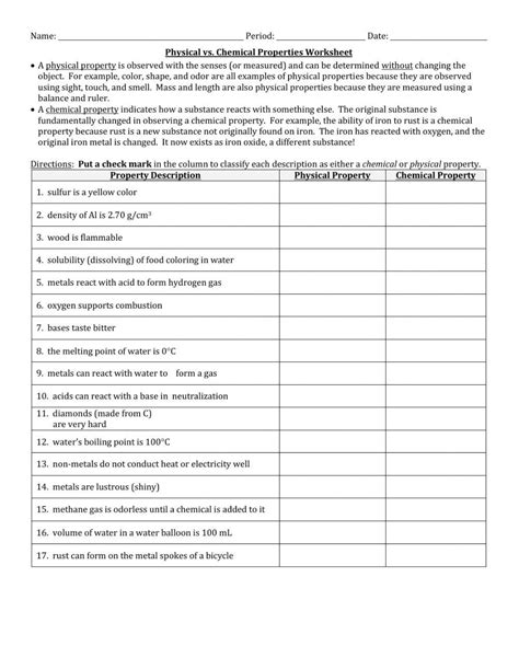 Free Printable Physical And Chemical Properties And Changes Worksheets