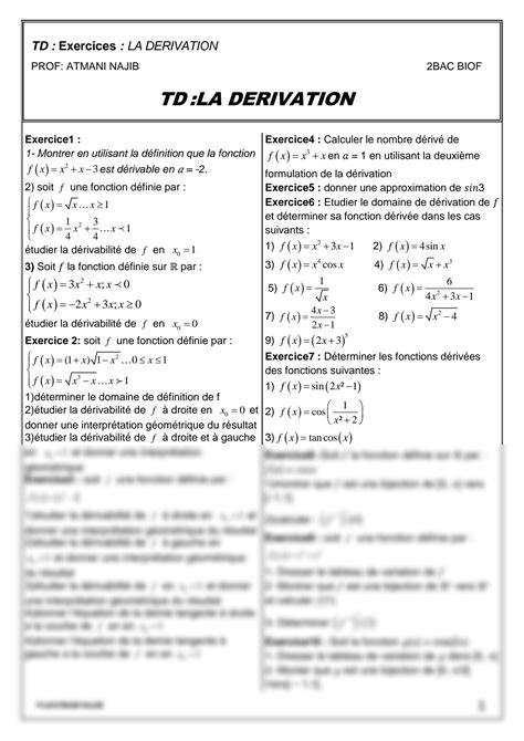 SOLUTION Derivation Et Etude Des Fonctions Serie D Exercices 1 2 1