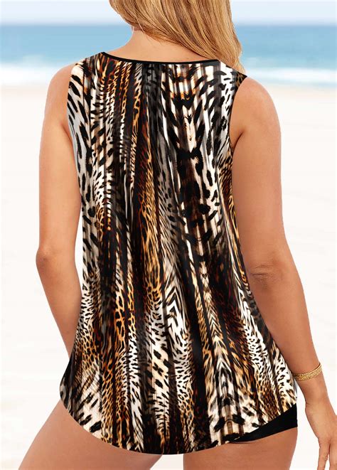 Metal Ring Mid Waisted Leopard Dark Coffee Tankini Set