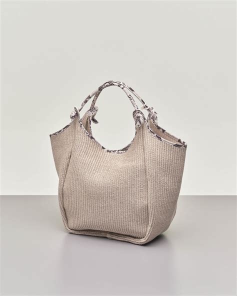 Borsa A Spalla In Raffia Color Ecr Con Profili In Pelle Stampa Pitone