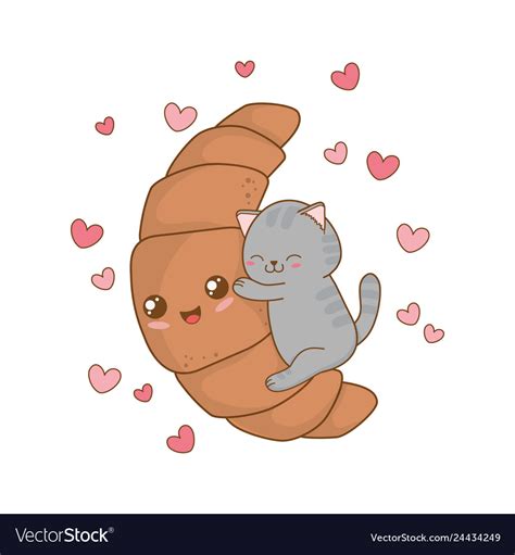 Cute Little Cat With Croissant Kawaii Character Vector Image