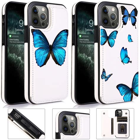 For IPhone 12 Pro Max Wallet Case Blue Butterflies Floral Flower Design