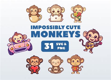 Cute Monkey Clipart Stickers Kawaii Digital Stickers PNG, SVG ...