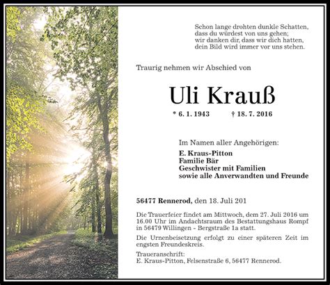 Traueranzeigen Von Uli Krau Rz Trauer De