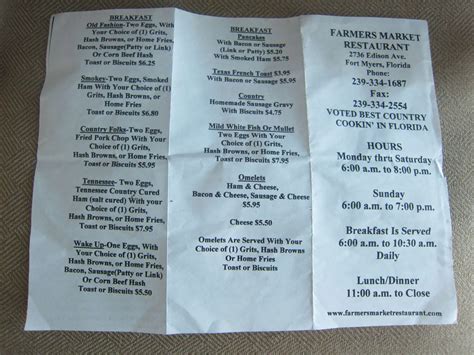 Menu at Farmers Market Restaurant, Fort Myers