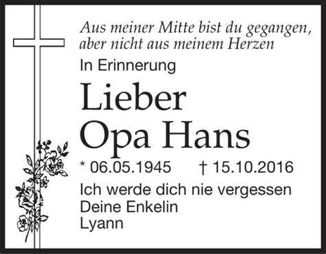 Traueranzeigen Von Opa Hans Trauer Anzeigen De