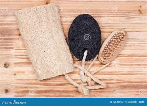 Natural Bristle Hand And Nail Wooden Brush Volcanic Pumice Stone And Loofah Sponge Stock Image