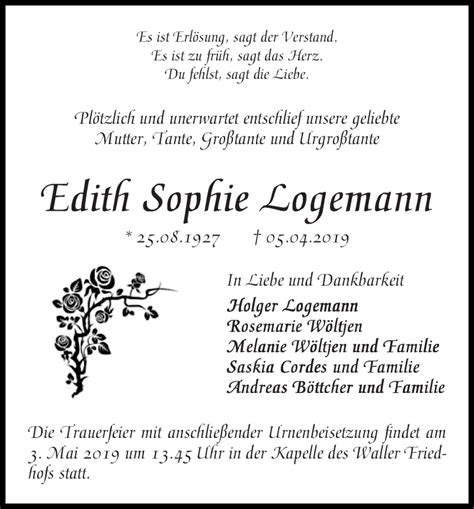 Traueranzeigen Von Edith Sophie Logemann Trauer Gedenken