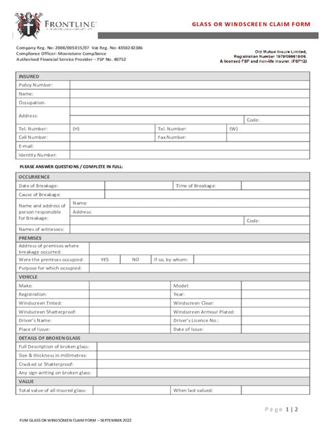 Fillable Online Frontlineinsurance Co Glass Or Windscreen Claim Form