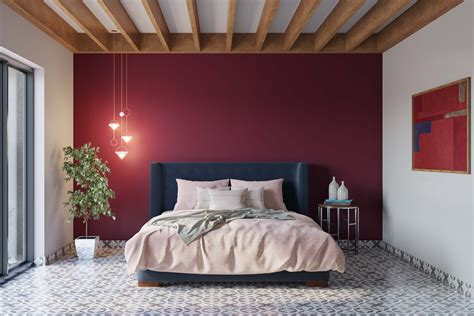 Red Bedroom Wall Paint Design With Wooden Ceiling Design | Livspace