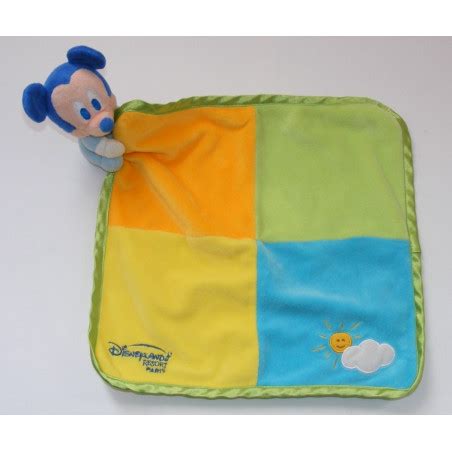 Doudou plat carré Mickey jaune bleu vert nuage DISNEYLAND