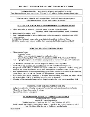 Fillable Online Nccourts INSTRUCTIONS FOR FILING INCOMPETENCY FORMS