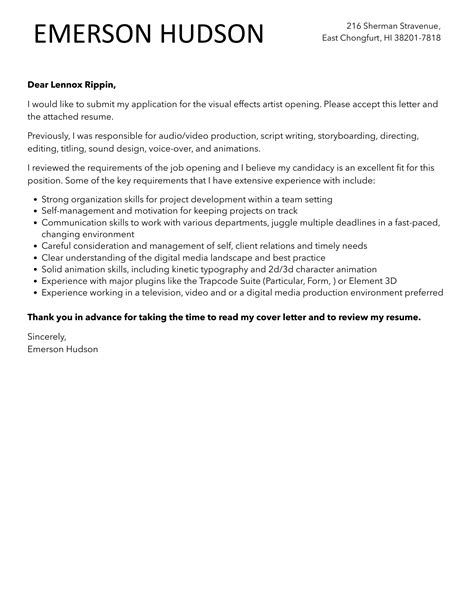 Visual Effects Artist Cover Letter Velvet Jobs