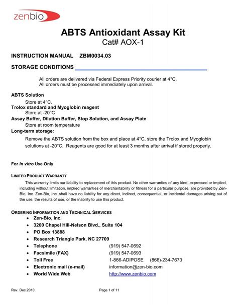 Abts Antioxidant Assay Kit Aox 1 Pdf Zen Bio Inc