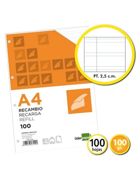 RECAMBIO A4 4 ANILLAS PAUTA 2 5MM 100 HOJAS 100GR M2 LIDERPAPEL 47119