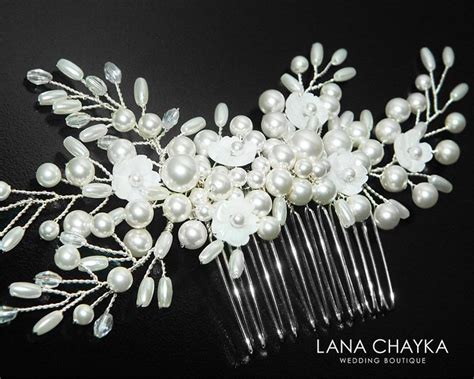 Pearl Bridal Hair Comb Swarovski White Pearl Silver Hair Etsy