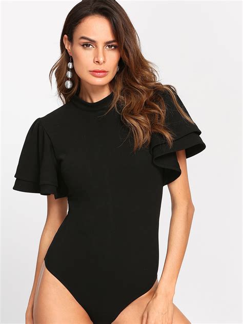 Mock Neck Layered Flutter Sleeve Bodysuit SHEIN SHEINSIDE