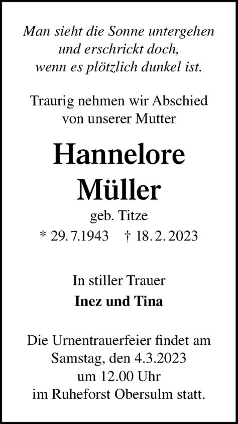 Traueranzeigen von Hannelore Müller trauerundgedenken de