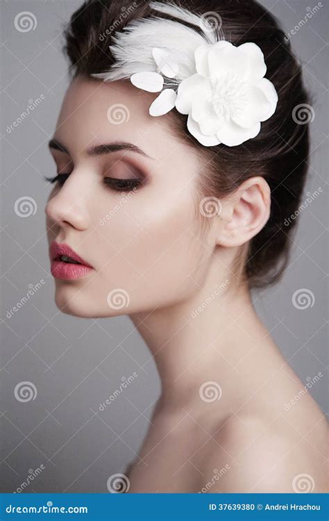 Woman With White Flower In Her Hair Stock Photo Image Of Bride