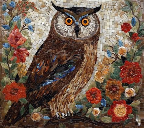 Premium Photo A Mosaic Of A Owl Is Surrounded By Flowers And Leaves