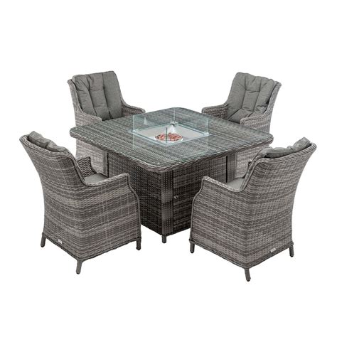 4 Seat Rattan Garden Dining Set With Square Table In Grey With Fire Pit Riviera Rattan