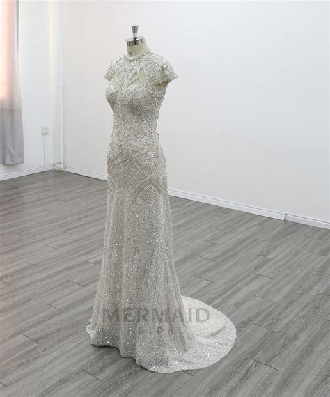 Luxury Cap Sleeve Bridal Gown Scoop Neck Sweep Train Heavy Beading Mer