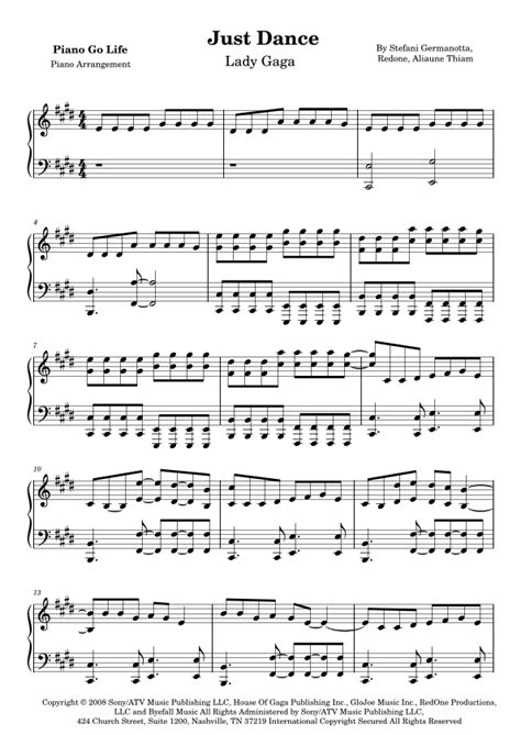 Just Dance Arr Piano Go Life Sheet Music Lady Gaga Featuring Colby