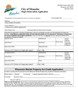 Fillable Online City Of Menasha Major Renovation Application Fax