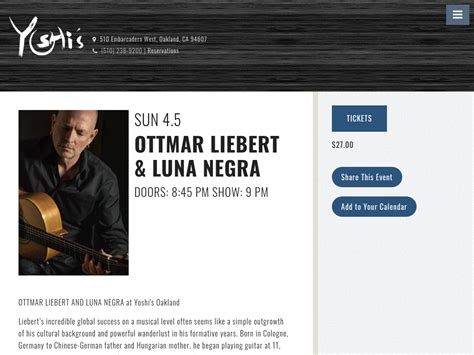 Ottmar Liebert Luna Negra Tickets Yoshis Oakland Oakland Ca