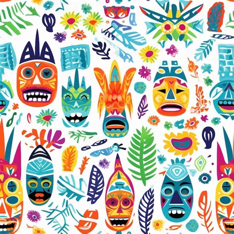 Premium AI Image | A close up of a pattern of colorful masks and plants ...