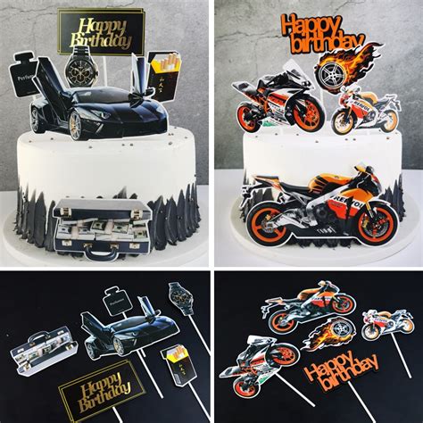 Motorcycle Happy Birthday Cake Topper Combination Car Cupcake Toppers