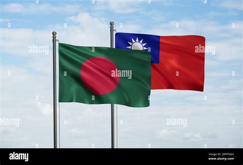 Taiwan And Bangladesh Flag Waving Together In The Wind On Blue Sky Two