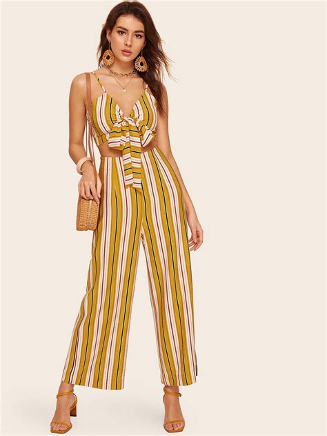 Striped Crop Wrap Cami Wide Leg Pants Set Shein Wide Leg Pants