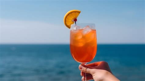 Caucasian Hand Holding Glass Of Red Fruit Cocktail On Blurry Sea