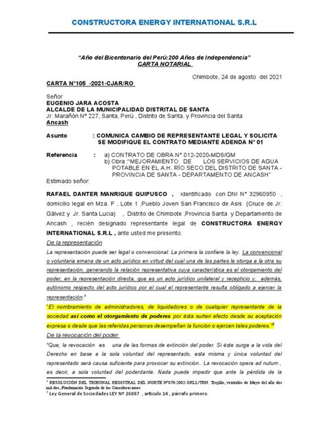 Carta Notarial A Variacion Domicilio Y Rep Legal Santa Pozo 24 08 2021 Reparado Pdf