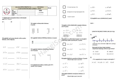 2022 2023 8 Sınıf Matematik Dersi 1 Dönem 1 Yazılı Soruları Hangisoru