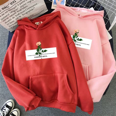 Hip Hop Hoodies Women Harajuku Autumn Pocket Elastic Sweatshirt Rose