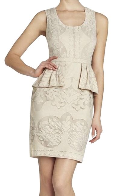 Bcbgmaxazria Beige Bcbg Etna Lace Peplum Sheath Short Formal Dress Size