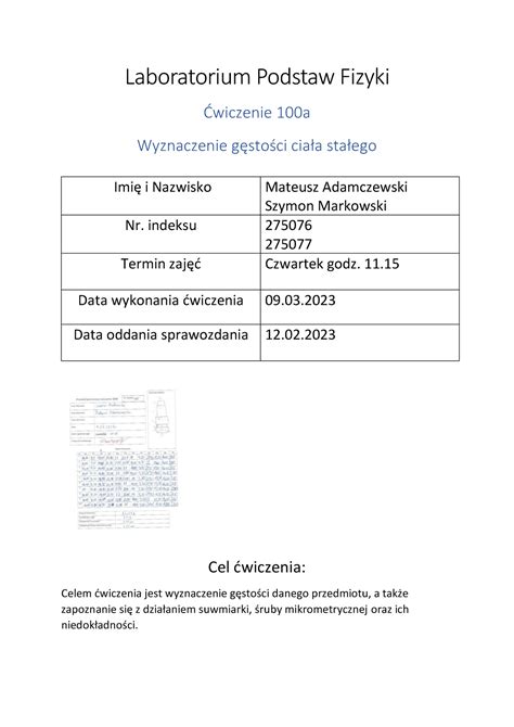 Sprawozdanie Fizyka Laboratorium Podstaw Fizyki Wiczenie A