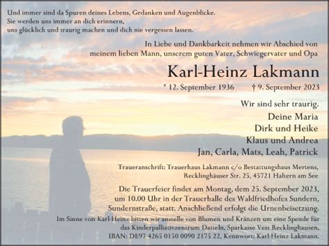 Traueranzeigen Von Karl Heinz Lakmann Sich Erinnern De