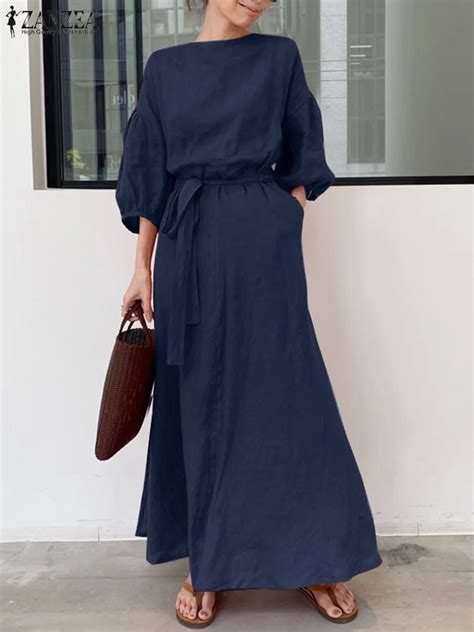 Zanzea Robe Longue Manches Lanternes Pour Femme Tenue Maxi